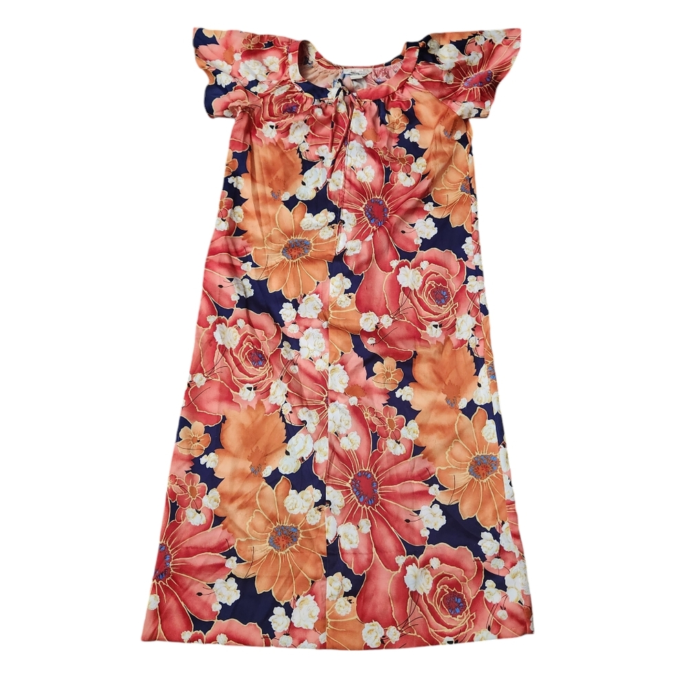 Vintage Tori Richard Blue Red Pink Floral Print Midi Quarter Zip Dress